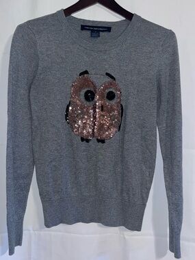 French Connection Gray Sequin Owl Sweater S Long Sleeve Crewneck